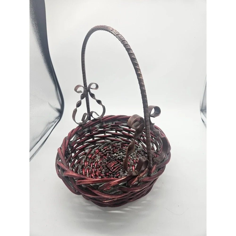 Vintage Red Wicker Basket With Decorative Metal Handle